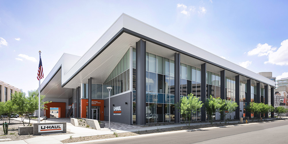 Exposed steel on exterior of custom building for U-Haul